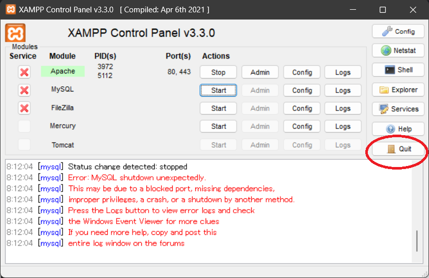 nanpresakusaku's tweet image. 「MySQL shutdown unexpectedly」でMySQLが起動しなくなったのですが
XAMPPのコントロールパネルを終了させる時に「Quit」を押してないと発生する
と言う見方をしている人もいるようですが、体感的には関係ないようです

再インストール以外に手の打ちようがない💦
#XAMPP #Windows11