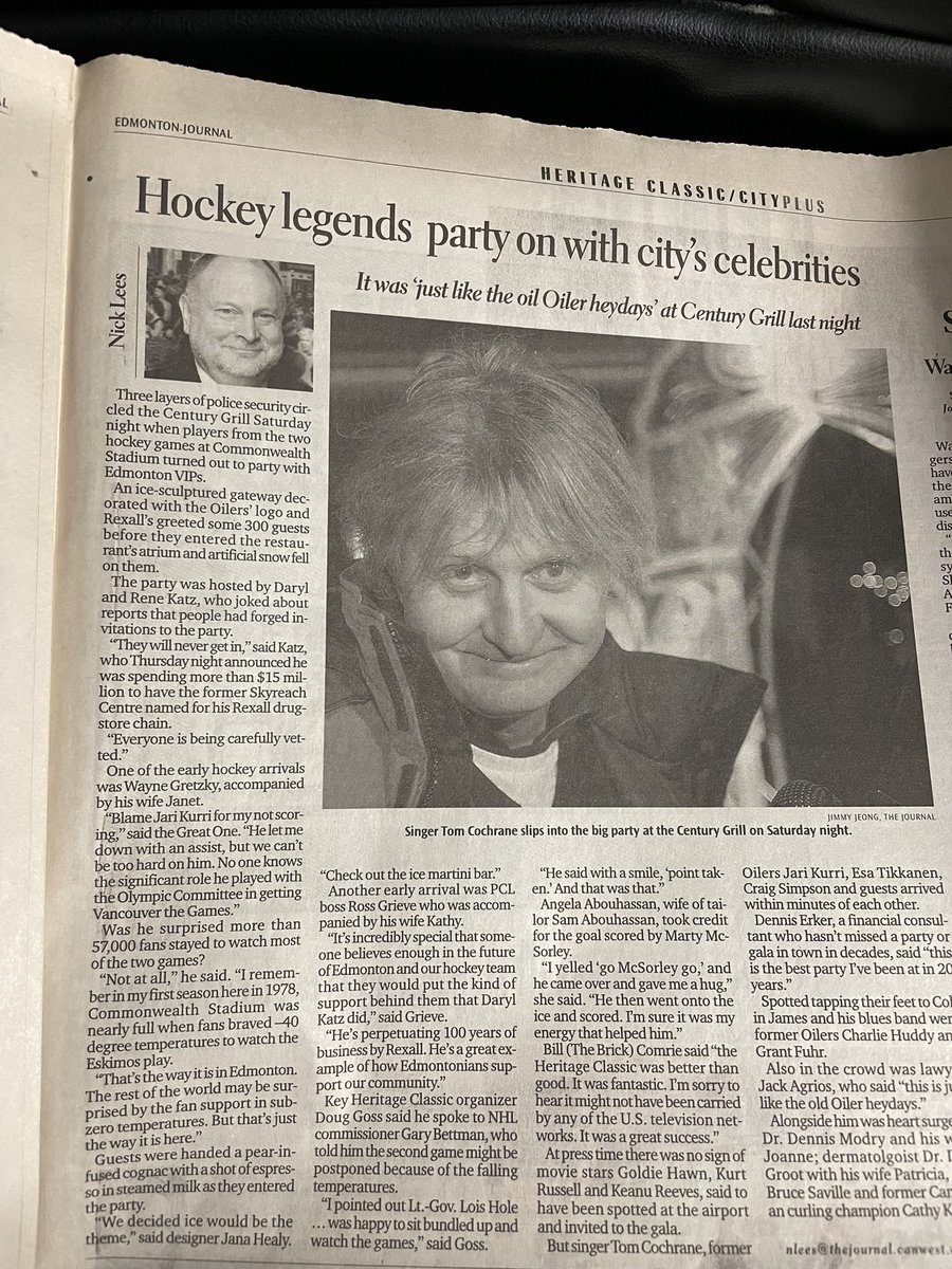 @TomCochraneMUS Mr. Cochrane, watching the Oilers-Flames in 2023 Heritage Classic on TV (in Connecticut) and remembered this article from the very original Heritage Game in 2003. #StillRockin’