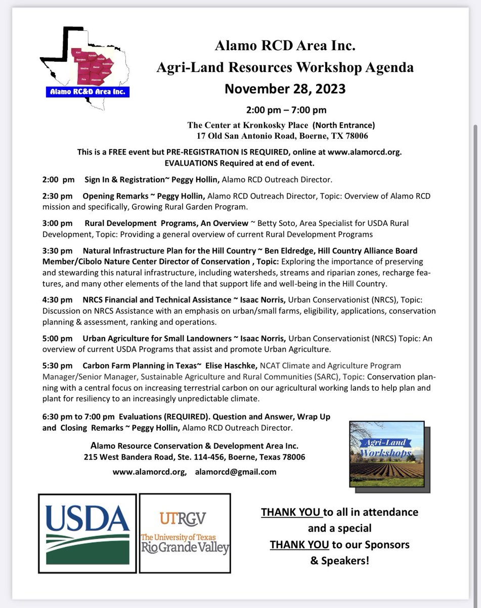 alamorcd's tweet photo. LAST AGRI-LAND RESOURCE WORKSHOP for 2023! FREE! 
Great info on USDA/NRCS/RD/FSA programs and more FOR YOU. 
❤️🌿🌿👍👍🌿🌿❤️
At The Center, 17 Old San Antonio Road, Boerne, Texas 78006 from 2:00 to 7:00 pm on 11/28/23. Pre-Registration REQUIRED online at https://t.co/73E919NK7H https://t.co/jXXuxLeQPy