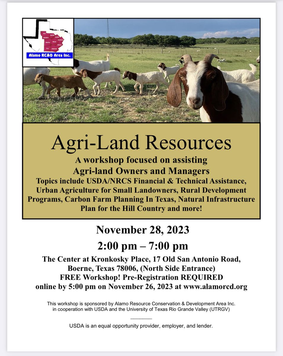 alamorcd's tweet photo. LAST AGRI-LAND RESOURCE WORKSHOP for 2023! FREE! 
Great info on USDA/NRCS/RD/FSA programs and more FOR YOU. 
❤️🌿🌿👍👍🌿🌿❤️
At The Center, 17 Old San Antonio Road, Boerne, Texas 78006 from 2:00 to 7:00 pm on 11/28/23. Pre-Registration REQUIRED online at https://t.co/73E919NK7H https://t.co/jXXuxLeQPy