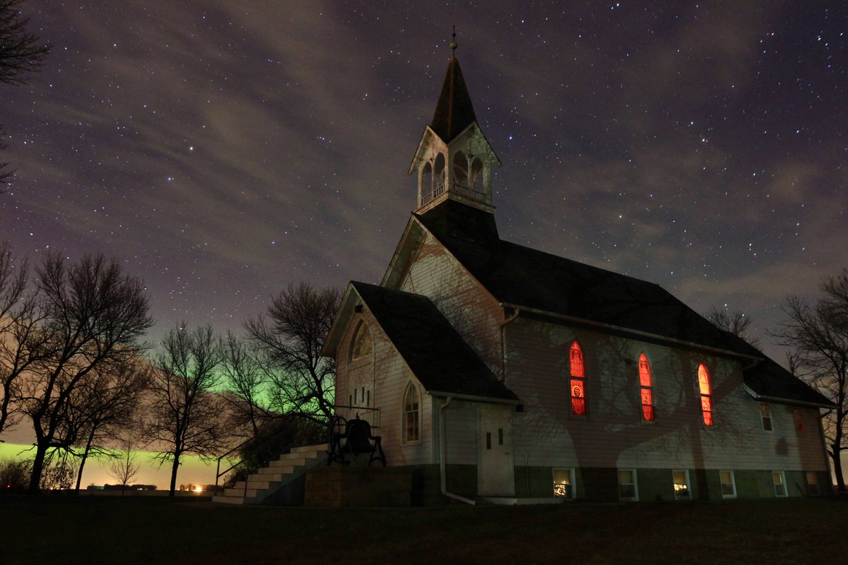 'Dakota Territory Aurora' © Aaron Groen HomeGroenPhotography.com The historical Ben Clare United Methodist Church near Valley Springs, South Dakota with Nov. 13th 2012's kp 7 Aurora Borealis and some clouds and stars. - 16mm - 30s - f/2.8 - 2500iso @B_Ubiquitous