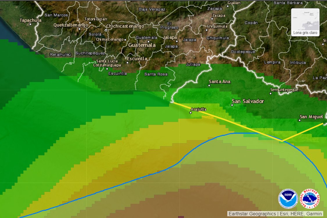 MapasGt's tweet photo. De acuerdo con el aviso #005A del @NHC_Atlantic estos serían los municipios de Guatemala golpeados por la tormenta "Nineteen-E".
En el caso de El Salvador sería todo el país https://t.co/rCBTujS6NS