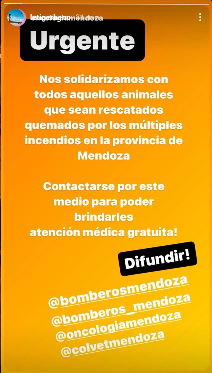 Se ofrece atención médica GRATUITA para animales afectados por los incendios. 
Contactarse a través de los perfiles del Colegio de Médicos Veterinarios de Mendoza y el Centro de Oncología Veterinaria. 
POR FAVOR DIFUNDIR