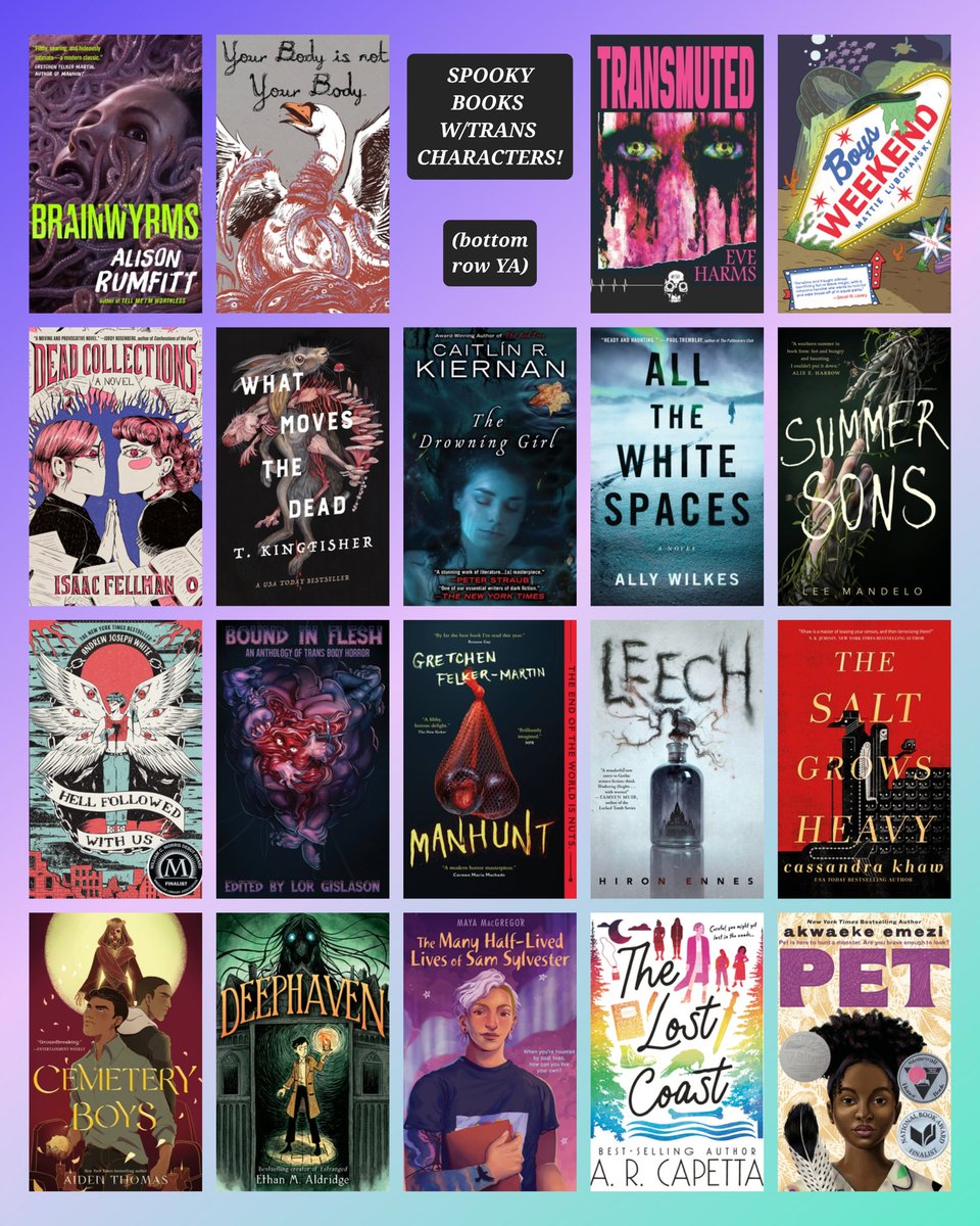 Spooky books with trans rep. Made this for @RoomofOnesOwn I loved The Salt Grows Heavy, Pet, and Cemetery Boys. I liked Dead Collections, Summer Sons, The Lost Coast and Boys Weekend. Couldn't finish Brainwyrms and Leech. In the middle of What Moves the Dead now (it's great!).