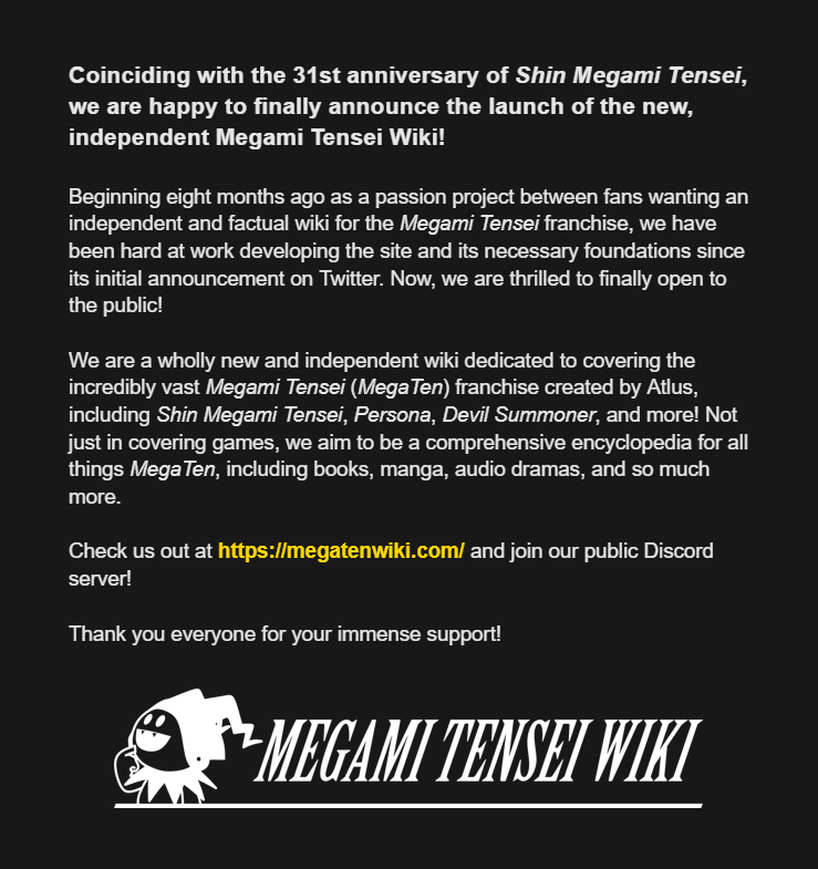 The Fallout Wiki on X: Attention Vault Dwellers! We here at the  Independent Fallout Wiki want to give a shout-out to our new affiliates  over at the newly launched Megami Tensei Wiki.