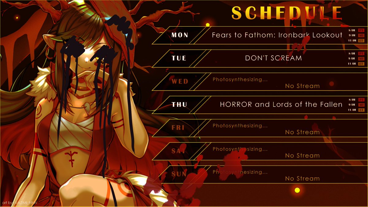 JuniKodama's tweet photo. This weeks schedule!

We got two HORROR games this week that use my MIC INPUT SO I CANT SCREAM. cant wait to immediately fail lol. 

Then some phasmo with the mods and more Lords of the Fallen! https://t.co/qSrwPn0Q16