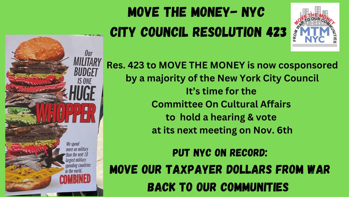 MoveTheMoneyNYC's tweet photo. Majority of @NYCCouncil endorsed @MoveTheMoneyNYC Reso 423. Time for the Comm. On Cultural Affairs to hold a hearing &amp; vote at 11/6 mtg. @NYCSpeakerAdams
 @CMChiOsse
@EricDinowitzNYC
 @CMAmandaFarias 
 @CMShahanaHanif
 @CMCrystalHudson
 @CMRitaJoseph
 @CMSandraUng
 @CMFarahLouis https://t.co/DF0hNnBH97