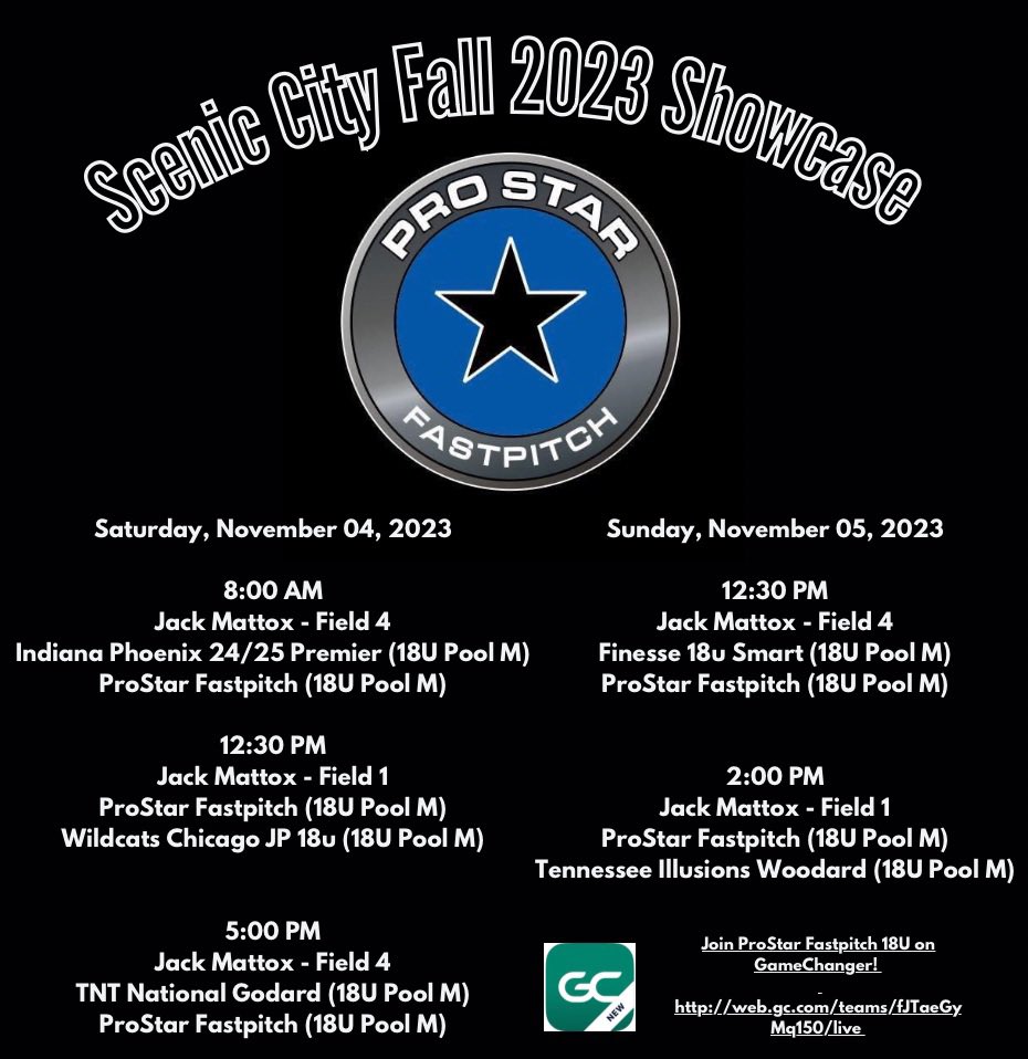 Looking forward to this weekend at the Scenic City Fall 2023 Showcase! Let’s go ProStar Fastpitch 18U! #23 @coachchattin @slappers_dad @AgnesScottSB @coachv_asc @coachK73 @MikeDavo17 @KSUOwlsSB @CoachBliss_RB3 @CoastalSoftball @SUHawksSoftball @GaTechSoftball @CoachLarissaA