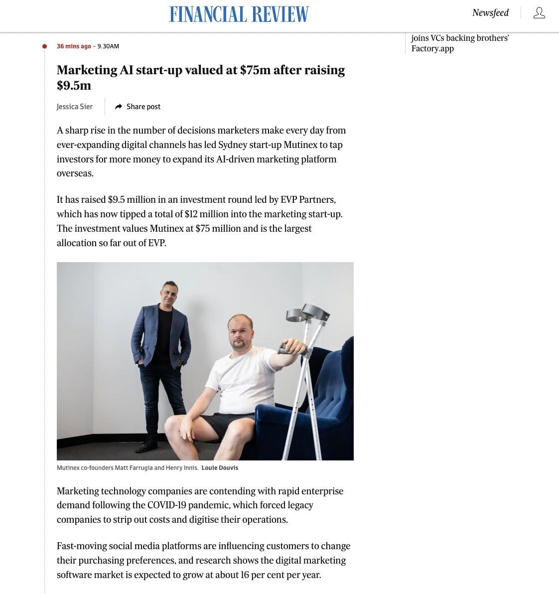 We’re thrilled to announce our lead investment in Mutinex's $9.5m round, taking EVP’s total commitment to $12m and marking the largest single investment in EVP’s history. 👏🏼

Congratulations to Henry Innis, Matt Farrugia, and the entire Mutinex team!

👉 afr.com/technology/the…
