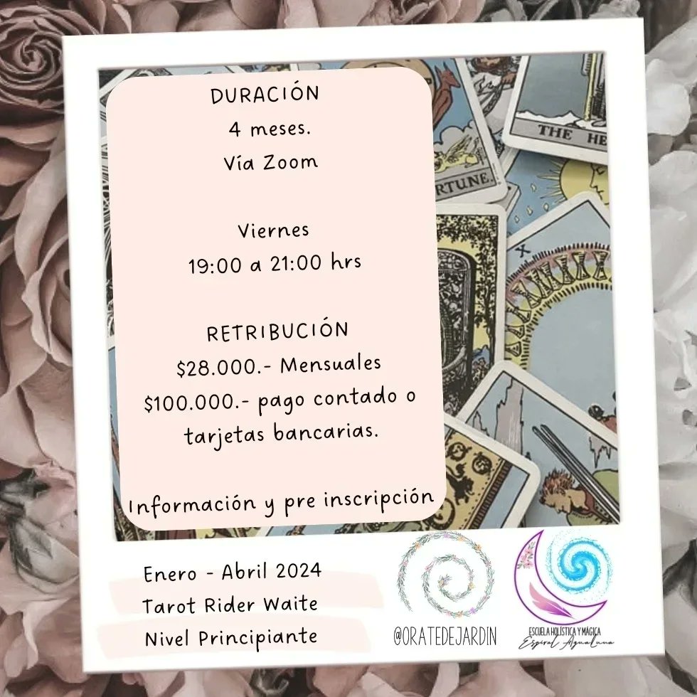 docentets's tweet photo. Curso Tarot Rider Waite Nivel Principiante
Enero - Abril 2024
Viernes 19:00 a 21:00 hrs. Vía Zoom
$28.000.- Mensuales 
Incluye: grabación de la clase,  bibliografía, grupo de WhatsApp y certificado de participación. 
Consultas +56972061542 
oratedejardin@gmail.com https://t.co/JhHrIclxb2