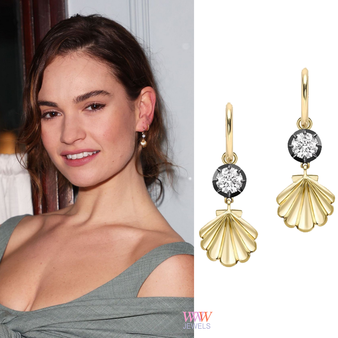 #LilyJames making waves in style! 🌊👑 She adorned herself with Jessica McCormack's Beaches 0.40ct diamond & shell gypset hoop earrings worth $9,950.00 at the 'Lyonesse' Press Night Party. 💎💃 #LilyJames #LyonesseGypsetGlam