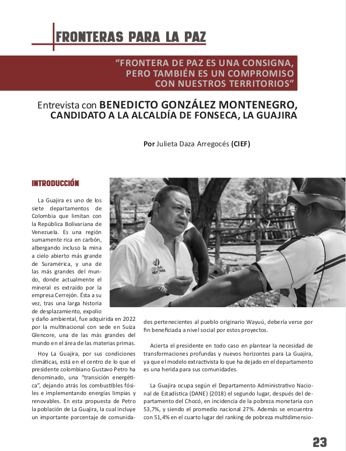 En este día de #ColombiaDecide2023 presentamos el 4to N° de nuestra revista Apuntes y trochas con entrevista exclusiva al firmante de paz y candidato a la alcaldía de #Fonseca <a href="/BenedictoAvanza/">Benedicto González</a> Acá el link al pdf: fronteracief.com/revista.php