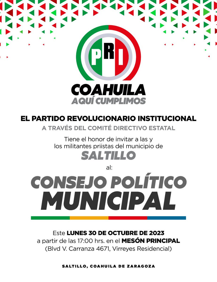 Mañana lunes 30 de Octubre a las 4:30 pm, en el Mesón del Principal, será el Consejo Político del <a href="/PRISaltillo/">PRI Saltillo</a> 💪🏼