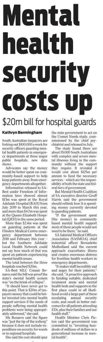 Yet another example of the ambulance at the bottom of the cliff. It's patently unfair on patients in crisis & doctors & nurses alike. Yet the Health Minister @PictonChris continues to sit on a study the gov did on the unmet needs for psychosocial supports in SA. @MHCoalitionSA