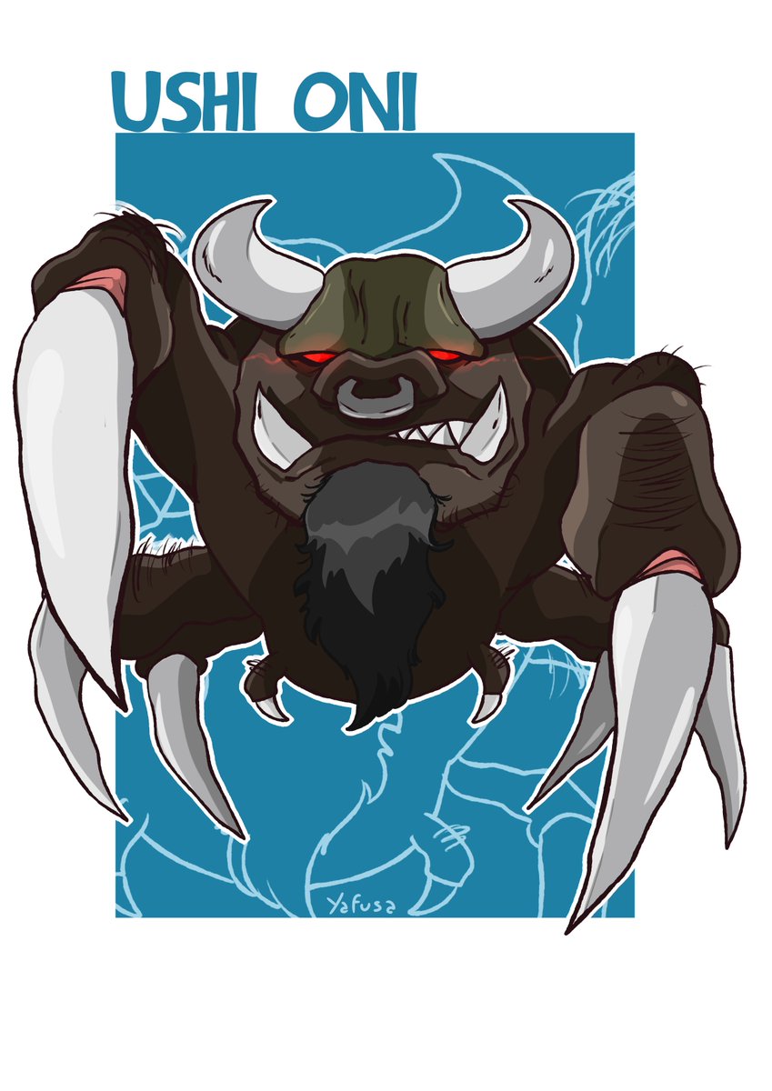 Yafusa's tweet image. Ushi oni, a savage yokai from Japan that is mostly depicted as a spider-like monster with the head of an ox.

#ayokaiaday #yokai #ushioni