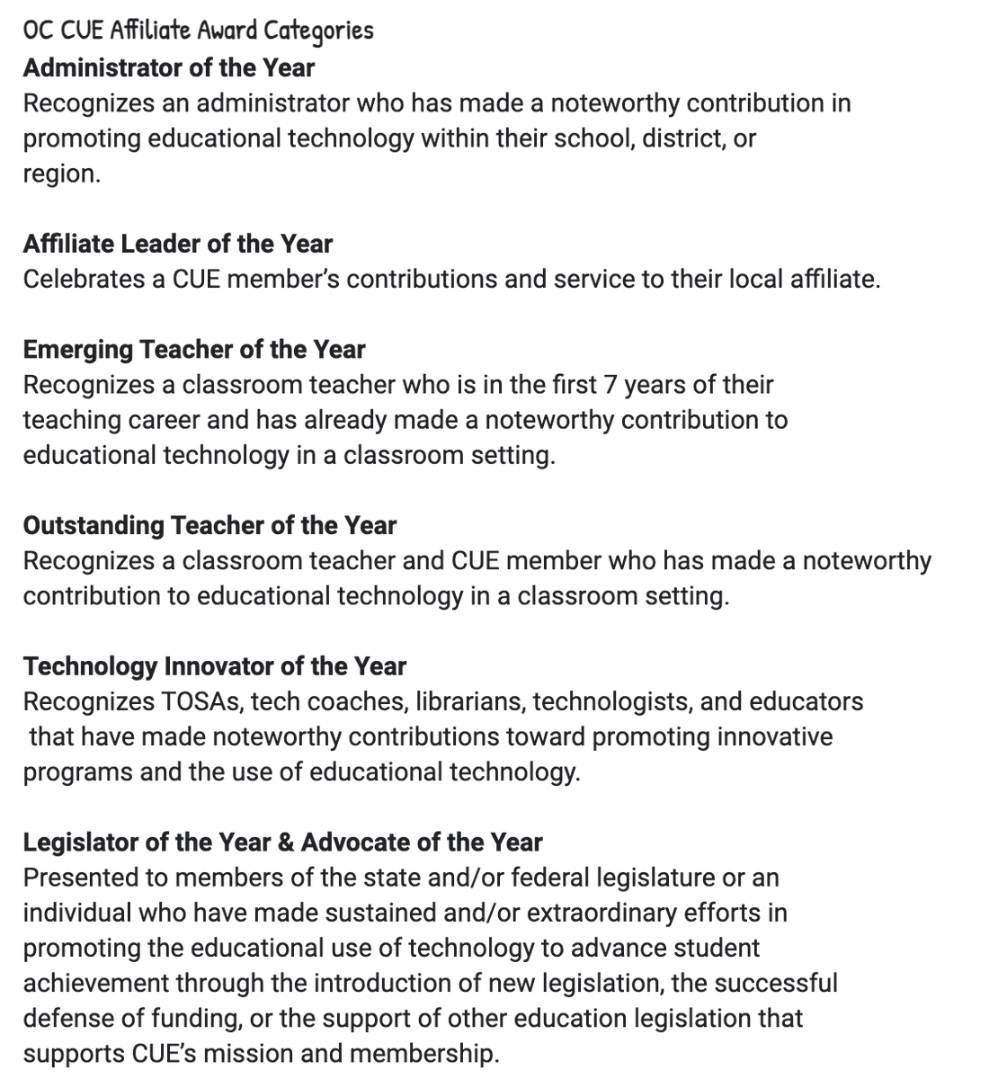 Do you know an Orange County educator deserving of any of these awards? Please nominate them ASAP using this form: docs.google.com/forms/d/e/1FAI… Nominations close tomorrow Monday, 10/30, at 5pm! #wearecue #occue