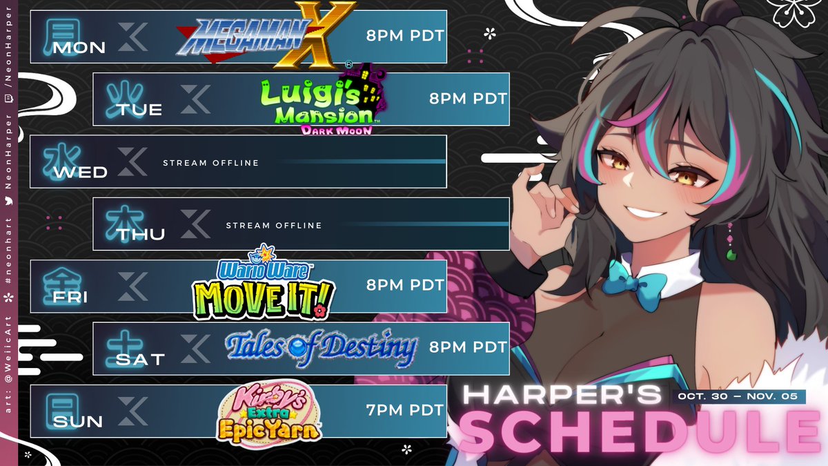 NeonHarper's tweet image. New week, new adventures! What's up y'all this week we're starting all kinds of new games! FINALLY playing Megaman x on stream as well as getting hyped for my first time playing Kirby's Epic Yarn!!!

#Vtuber #ENVtuber