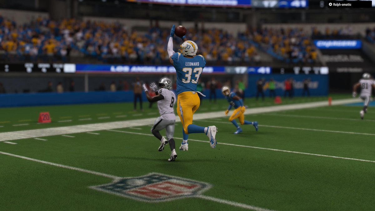 DML_Saints25's tweet photo. Deans Leonard Stole the show I’m picking off Raiders 3 times taking 2 back to the house for a pick 6. Chargers put together a great team win beating the Raiders 41-17 to go into the Bye Week 5-0. @DaDYNASTYCFM @AroundDaDynasty https://t.co/lAAhF6jzaE