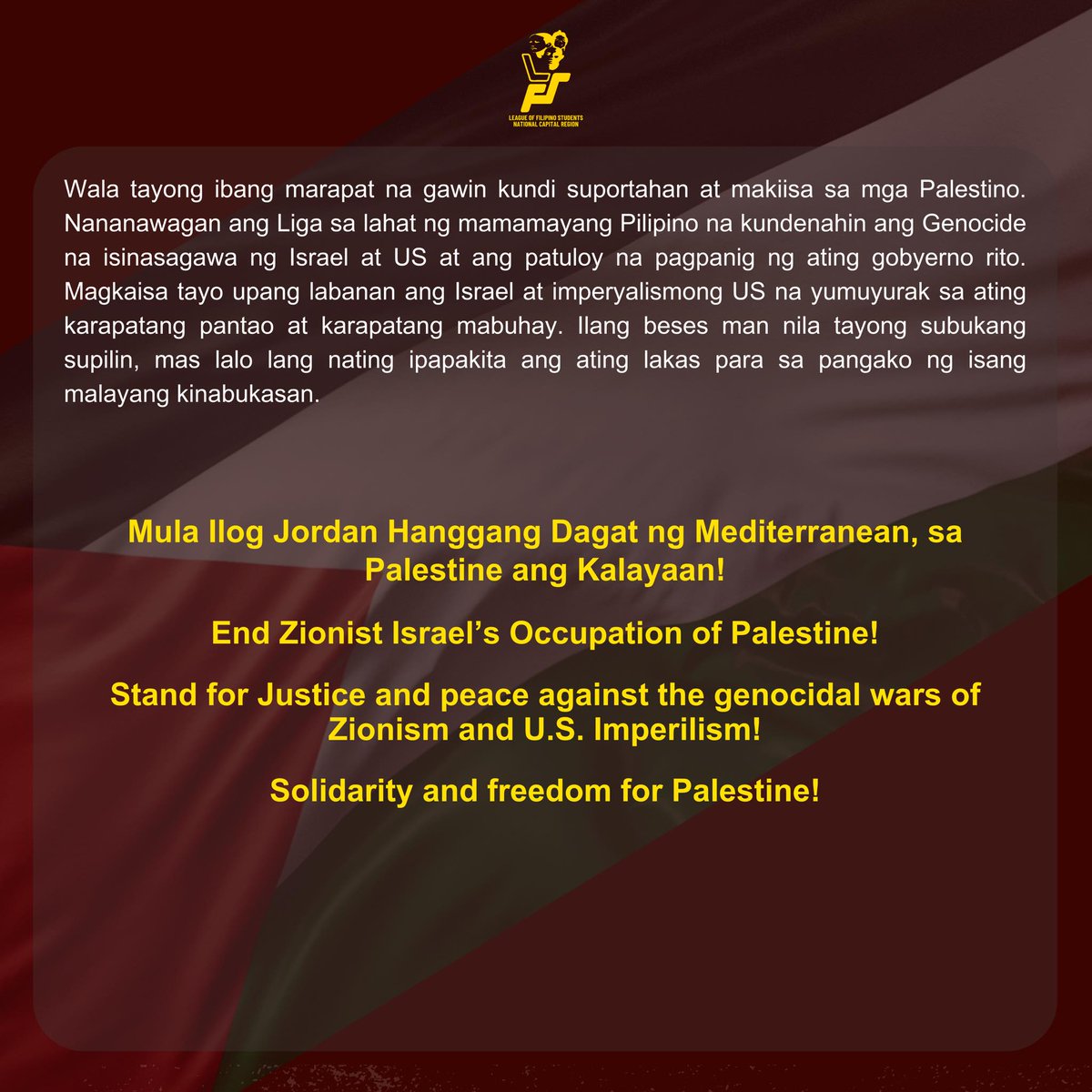 LFSNCR's tweet photo. Kaisa ang League of Filipino Students - National Capital Region sa laban ng mamamayang Palestino para sa kanilang tunay na kalayaan. https://t.co/q4BR2PbVK5