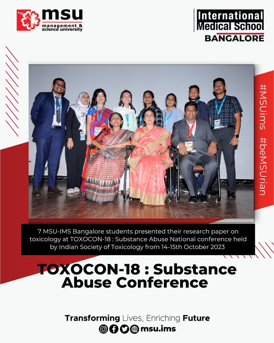 imsabangalore's tweet photo. Heartfelt congratulations to #MSUrians Bangalore campus for a splendid research paper presentation and winning an award at TOXOCON-18 : Substance Abuse Conference (14th - 15th October 2023) held by Indian Society of Toxicology (IST). 

#MSUMalaysia
#MSUBangaloreCampus
#TOXOCON18 https://t.co/uodeKA97Cz