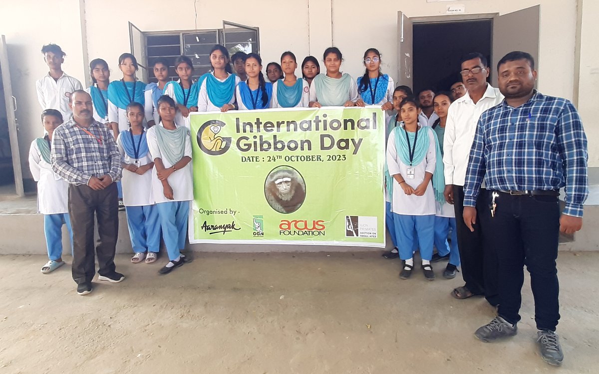 aaranyak's tweet photo. We organised a series of events in #Assam on #GibbonDay on the #conservation of #HoolockGibbon, including presentations, #film shows, and slogan writing contests reaching 300+ students. Books and posters on Hoolock gibbon conservation messages were also presented. #SaveGibbons https://t.co/s46OUsB6fn