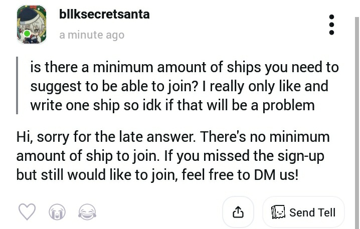 Sorry for the late answer!
Feel free to DM us if you have any more questions! tellonym.me/bllksecretsant…