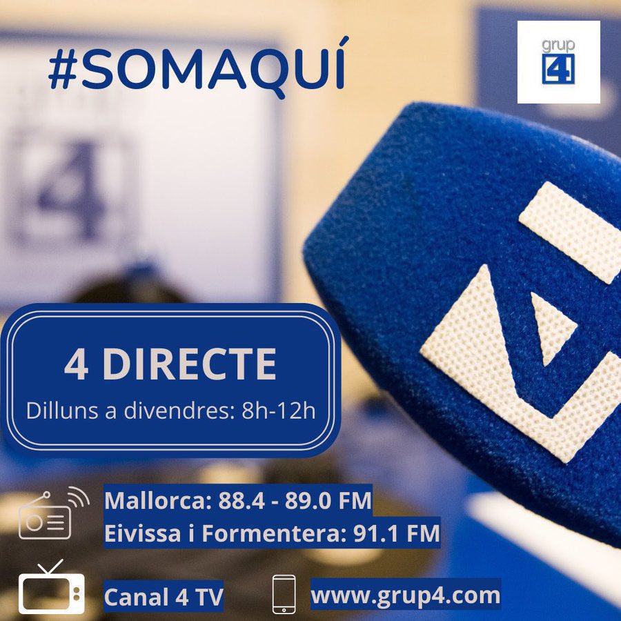 GRUP 4 de Comunicació (@grup4com) on Twitter photo #Mallorca 🗣️ Bon dia i bon dilluns!
De 8:00 a 12:00, <a href="/alasaga/">Andres Lasaga</a> t’acosta tota l’actualitat de les Illes Balears a #4Directe! | #SOMAQUÍ
📻 #Canal4Ràdio
📺 #Canal4TV
📲 APP Grup 4
▶️ grup4.com #Mallorca 🗣️ Bon dia i bon dilluns!
De 8:00 a 12:00, <a href="/alasaga/">Andres Lasaga</a> t’acosta tota l’actualitat de les Illes Balears a #4Directe! | #SOMAQUÍ
📻 #Canal4Ràdio
📺 #Canal4TV
📲 APP Grup 4
▶️ grup4.com