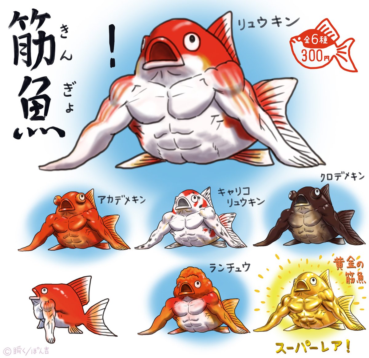 こんなカプセルトイ欲しい!ので考えました。
筋肉 金魚の筋魚!
とても縁起が良く元気に育ちます。鍛え上げた腕で水槽から脱走することもあります💪🐟 