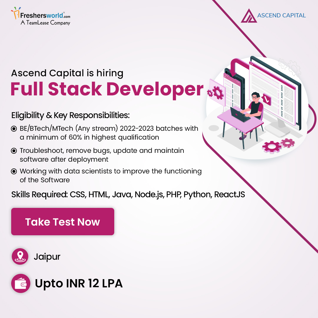 Freshersworld's tweet image. Ascend Capital is hiring for the role of Full Stack Developer
Take Test Now: fwld.in/ceat/FullStack…

Follow Freshersworld.com for the latest job updates

#fullstackdeveloperjobs #jaipurjobs #jaipurhiring #rajasthanjobs #btechjobs #mtechjob #2022batch #2023batch