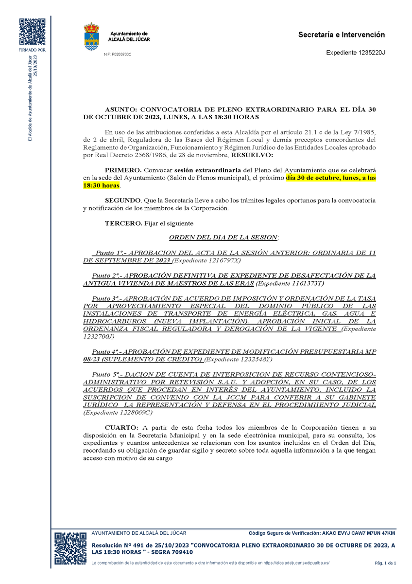 Adjuntamos orden del día del Pleno Extraordinario que se celebrará este lunes 30/10 a las 18:30 en el Salón de Plenos del Ayuntamiento.