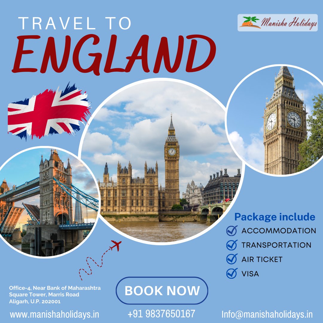 'England Travel Adventures Book Your Journey Today! #ExploreEngland'
An unforgettable travel experience
Contact us
Dubai:- +971 544525454
India:- +91 9837650167
Mail:- Info@manishaholidays.in
#EnglandTravel #TravelAdventures #Wanderlust #BucketList #UKExploration #TravelEngland