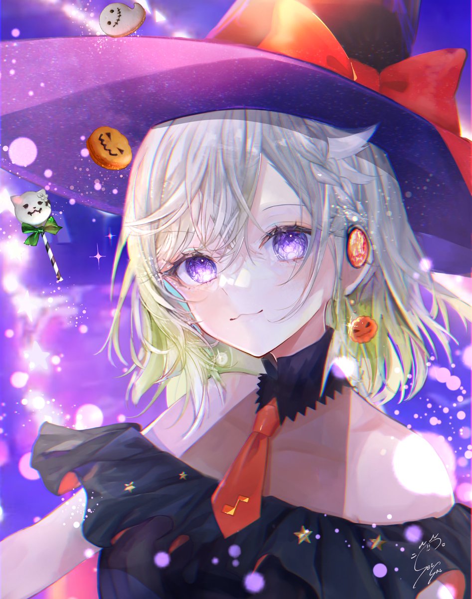 1girl hat purple eyes witch hat solo earrings jewelry  illustration images