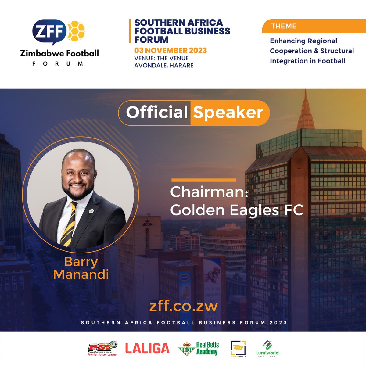 ZimbabweFootba2's tweet photo. OFFICIAL SPEAKER ANNOUNCEMENT

Welcome Barry Manandi as an official speaker at the Zimbabwe Football Forum.

#ZFF2023
#SAFBF2023
#InvestmentInnovationCreativity 

Register for the Forum: https://t.co/8E0h31Ywmf https://t.co/hzveKktAhX
