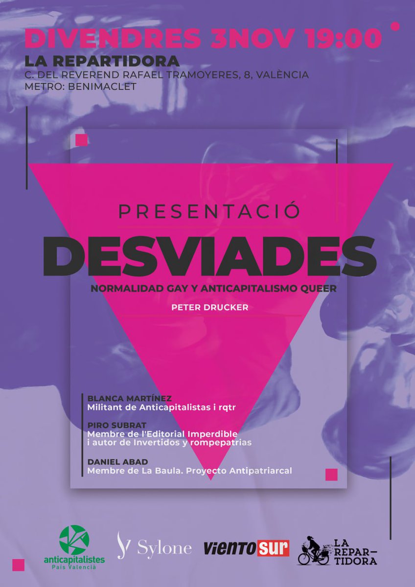 Esta setmana arriba la presentació de Desviades a València!

Comptem amb un gran cartell, gent del moviment que relaciona teoria i pràctica.

No us ho perdeu.

El 3 de novembre a les 19.00 en La Repartidora.
