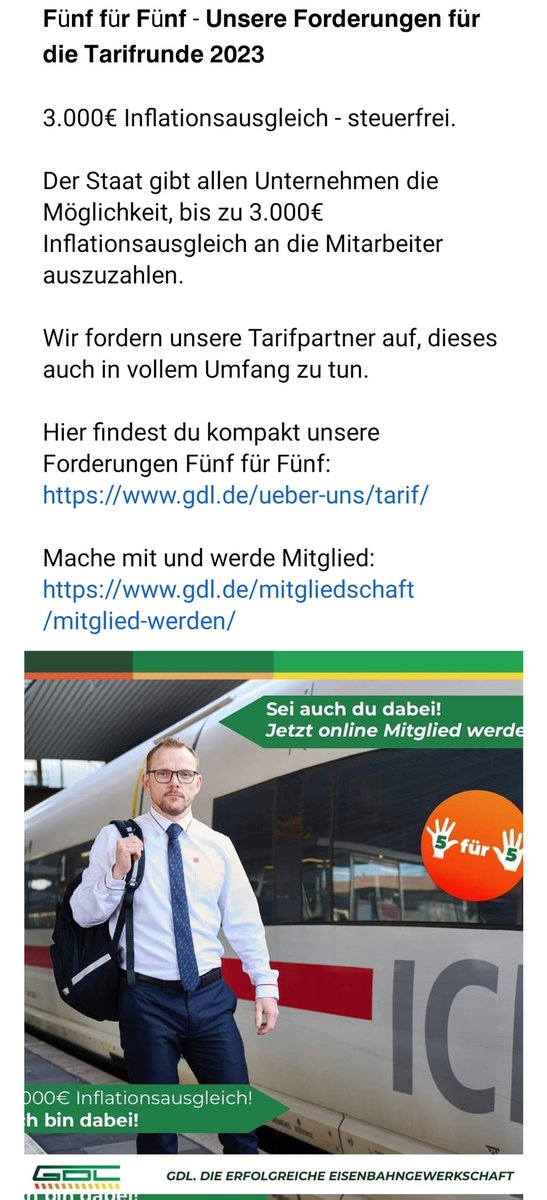 𝗙ü𝗻𝗳 𝗳ü𝗿 𝗙ü𝗻𝗳 - 𝗨𝗻𝘀𝗲𝗿𝗲 𝗙𝗼𝗿𝗱𝗲𝗿𝘂𝗻𝗴𝗲𝗻 𝗳𝘂̈𝗿 𝗱𝗶𝗲 𝗧𝗮𝗿𝗶𝗳𝗿𝘂𝗻𝗱𝗲 𝟮𝟬𝟮𝟯

Hier findest du kompakt unsere Forderungen Fünf für Fünf:
gdl.de/ueber-uns/tari…

Mache mit und werde Mitglied:
gdl.de/mitgliedschaft…