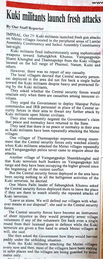 Kuki militants launch fresh attacks in foothill districts of Manipur..!  
Despite the earnest efforts of the Meitei community to promote peace through dialogue, these militants continue to incite violence by firing indiscriminately at Meitei villages located in the foothill