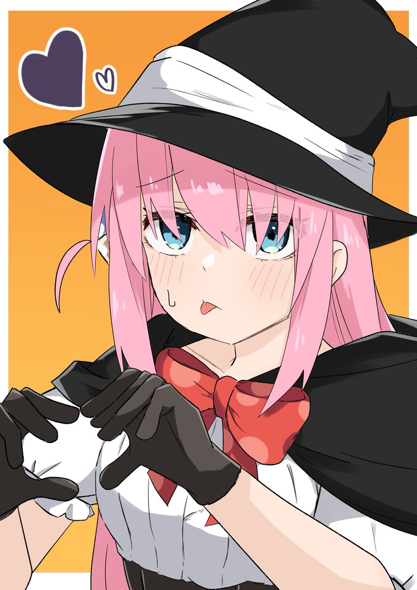 gotou hitori 1girl hat pink hair solo witch hat tongue gloves  illustration images