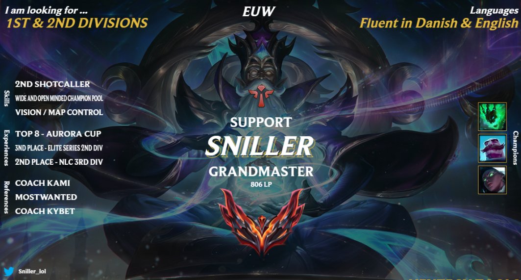 S N I L L E R (@sniller_lol) on Twitter photo LFT Post
After finishing top 8 at the <a href="/NLClol/">Arozzi NLC</a> Aurora cup with <a href="/DMGesportGG/">DMG Esports</a>
im once again lft for the upcoming split.
References, opgg, etc. Is in the comments below
Contact through DM's or to <a href="/ElendilMNG/">Elendil</a>
Likes and RT are appreciated. LFT Post
After finishing top 8 at the <a href="/NLClol/">Arozzi NLC</a> Aurora cup with <a href="/DMGesportGG/">DMG Esports</a>
im once again lft for the upcoming split.
References, opgg, etc. Is in the comments below
Contact through DM's or to <a href="/ElendilMNG/">Elendil</a>
Likes and RT are appreciated.
