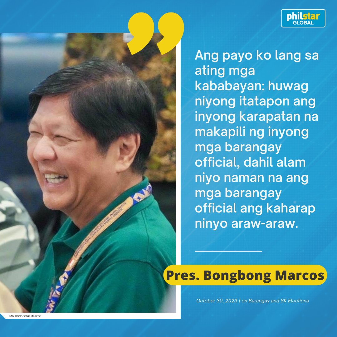 PhilstarNews's tweet photo. MARCOS TO VOTERS: DON’T SELL YOUR VOTES

President Bongbong Marcos on Monday reminded voters not to sell their votes as Filipinos head to polls to choose their village leaders in the Barangay and SK Elections 2023.

The barangay is the smallest political unit in the Philippines, but its leaders have considerable influence. Political parties strategically utilize council posts to establish grassroots power bases. #BSKE2023

Read: https://t.co/hcvpCk4wvB