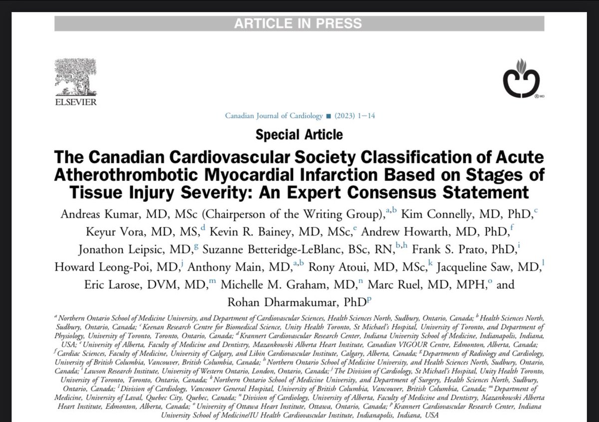 The @SCC_CCS Classification of Acute Myocardial Infarction is published - hot off the press ! Special article @CJCJournals @thenosm - a new perspective on #heartattack opening new avenues for patient care and research onlinecjc.ca/article/S0828-…