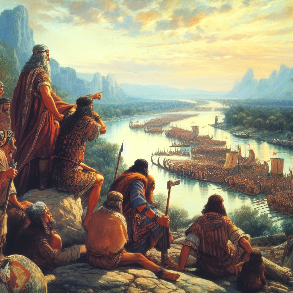 BTopics's tweet photo. Asparuh overlooking his tribesmen (proto-Bulgarians) on Banks of Danube delta. #Bulgaria #historicalPainting #Bulgars https://t.co/xFkmmilGFc