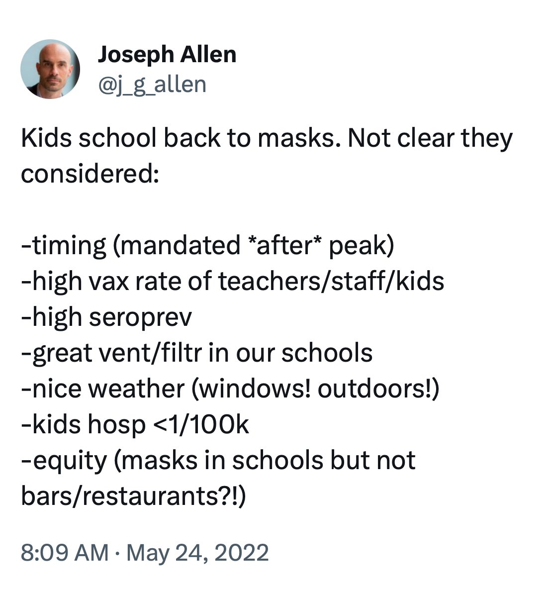 luckytran's tweet image. Here's another statement where Joe Allen argued against the use of masks, and outrageously claimed it was an issue of "equity" because no one dining in restaurants was wearing them so what's the point of anyone else wearing them (which is a complete misuse of the term equity).