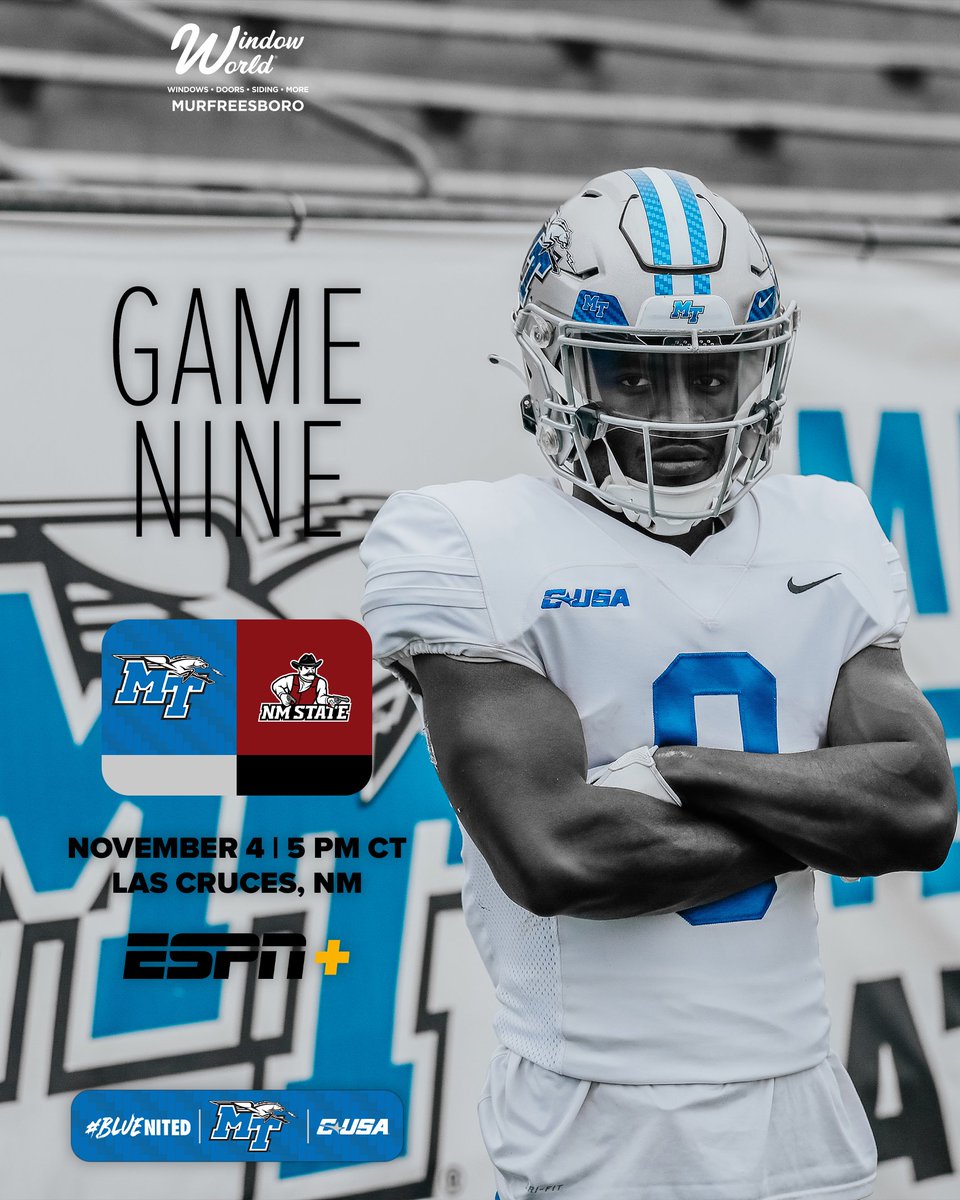 MT_FB's tweet photo. Heading west this weekend!

🏈 at New Mexico State
🗓️ Saturday at 5 PM CT
📺 ESPN+

#BLUEnited | #EATT https://t.co/s0IVzMebPy