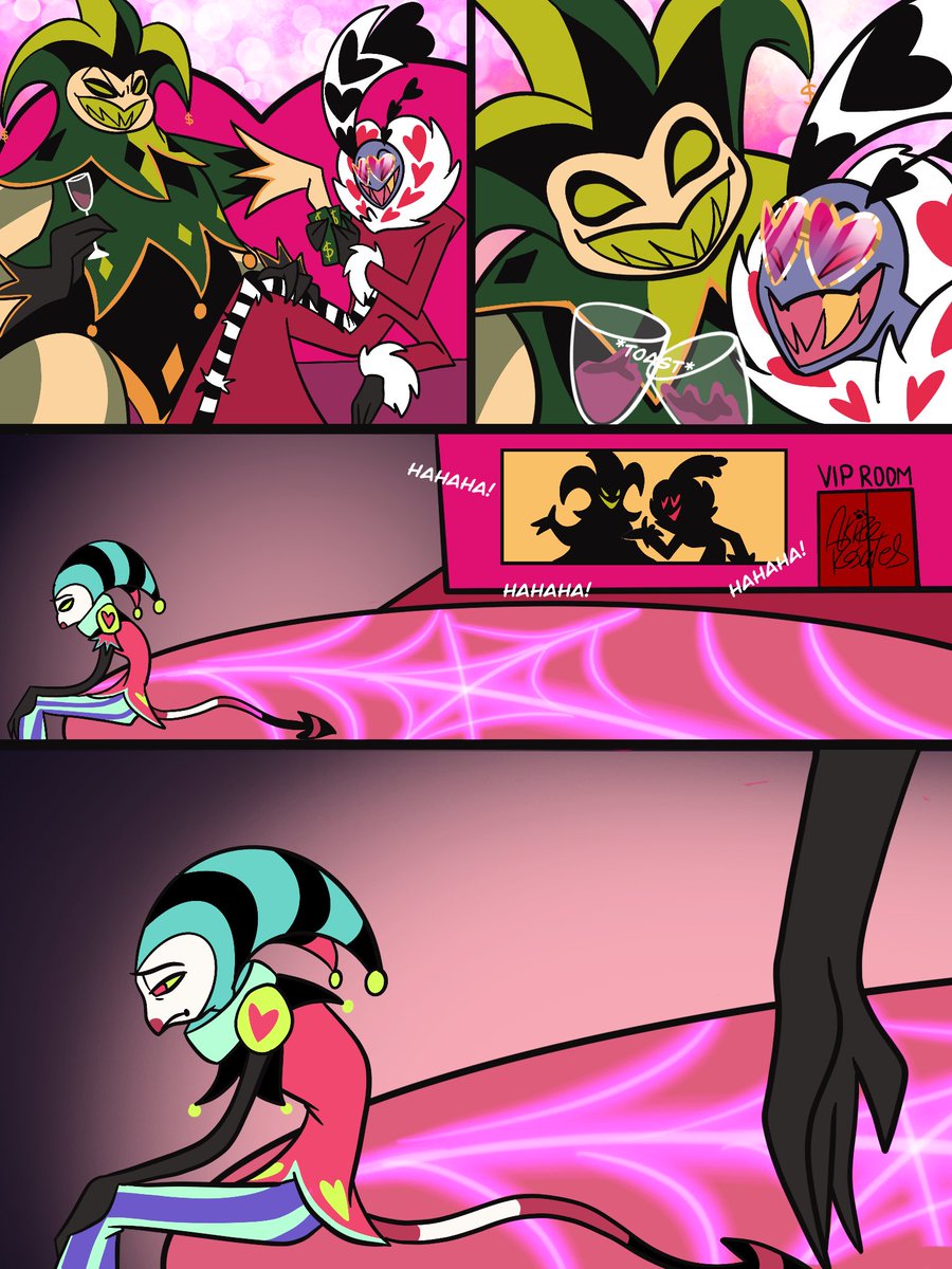 AkireRosales's tweet image. They hear them laugh and plot with their time, their will and their bodies, and sometimes they feel so tired… so tired.

Its a performing smile that never reaches their eyes.

#HelluvaBoss #Fizzarolli #HazbinHotel #Valentino #AngelDust