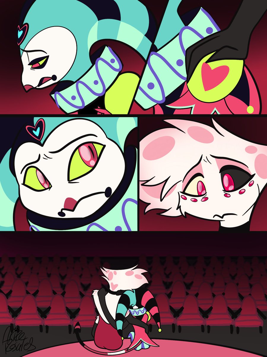 AkireRosales's tweet image. They hear them laugh and plot with their time, their will and their bodies, and sometimes they feel so tired… so tired.

Its a performing smile that never reaches their eyes.

#HelluvaBoss #Fizzarolli #HazbinHotel #Valentino #AngelDust