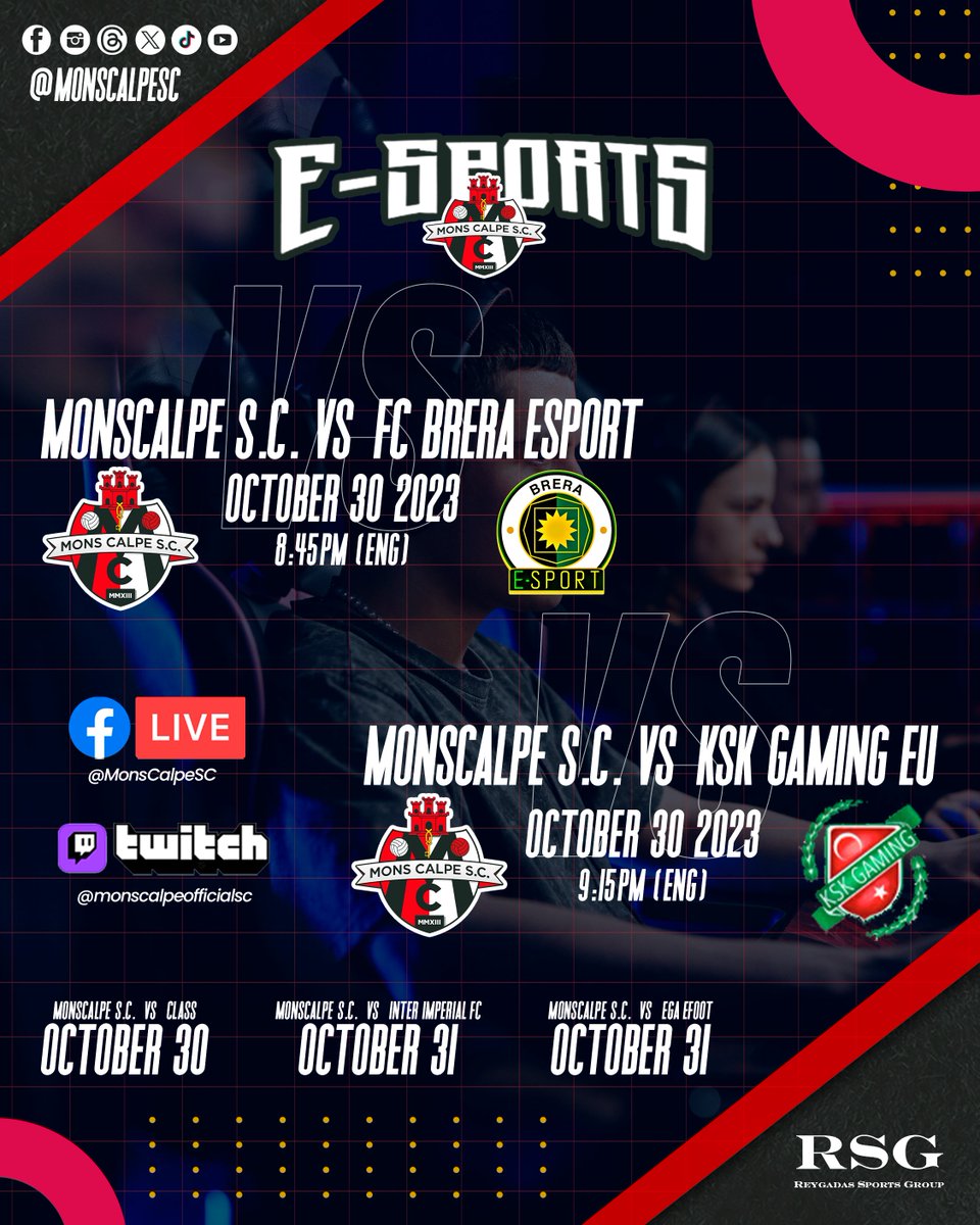 🇬🇧🎮 Get ready to live the Esports excitement with us! We'll be live streaming on Facebook and Twitch today, Monday, October 30th. Don't miss it. Here's all the info on today's and upcoming matches. Remember to follow us on Facebook and Twitch. 📺👾🕹️ #MonsCalpe #EsportsFever