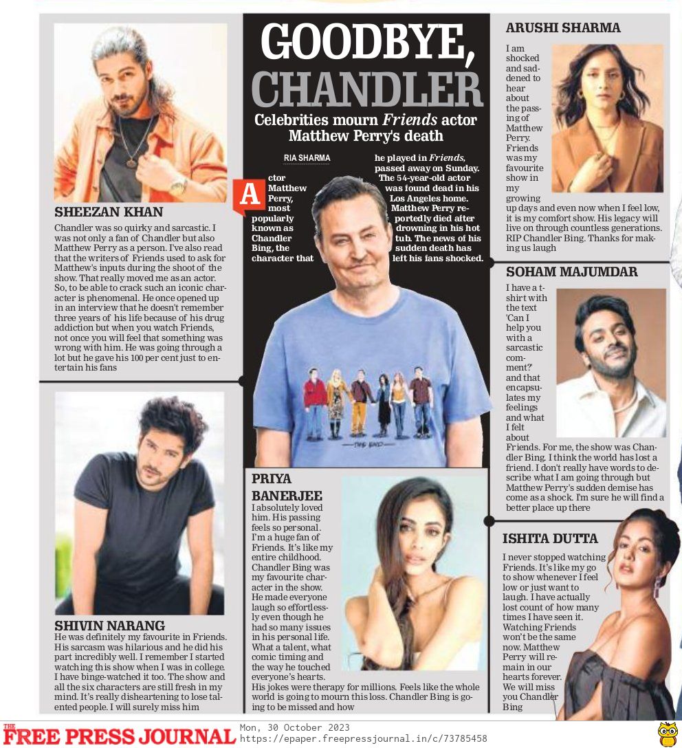 Free Press Journal (@fpjindia) on Twitter photo #MatthewPerryRIP: @Sheezan9, <a href="/iamarushisharma/">Arushi Sharma ♡</a>, <a href="/ishidutta/">Ishita Dutta</a> & Other Celebs Mourn #Friends Actor's Death
By <a href="/RiaSharma1125/">Ria Sharma</a>
freepressjournal.in/entertainment/… #MatthewPerryRIP: @Sheezan9, <a href="/iamarushisharma/">Arushi Sharma ♡</a>, <a href="/ishidutta/">Ishita Dutta</a> & Other Celebs Mourn #Friends Actor's Death
By <a href="/RiaSharma1125/">Ria Sharma</a>
freepressjournal.in/entertainment/…
