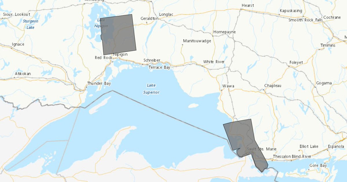 511Ontario's tweet photo. Winter weather travel advisory in effect in Ontario: A band of lake effect snow is currently affecting portions of #HWY11 near #Beardmore and the stretch of #HWY17 from #BatchawanaBay to #SaultSteMarie. https://t.co/NRT2ZB8AUp #ONStorm https://t.co/U0Ah4mfwBb