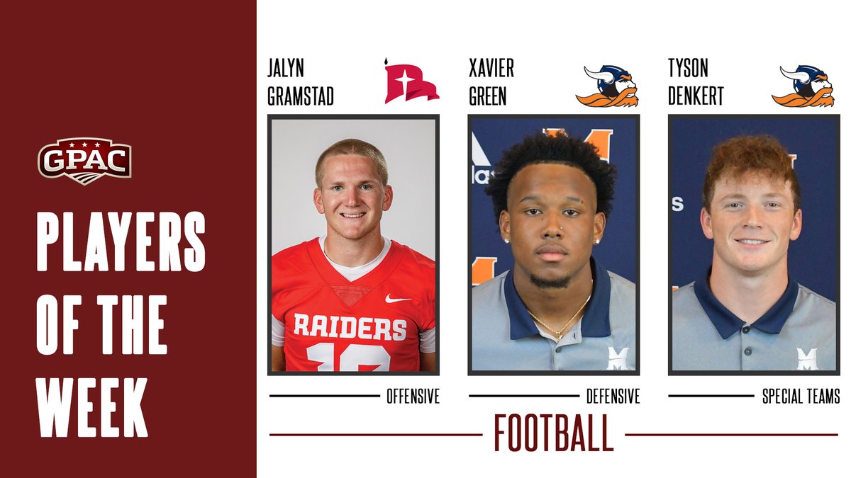 GPACSports's tweet image. FOOTBALL: Week 9 Honors - (Offense) Jalyn Gramstad of @nwcraiders. (Defense) Xavier Green and (Special Teams) Tyson Denkert both of @Midland_Sports.

Complete Release:
bit.ly/gpac-fb09