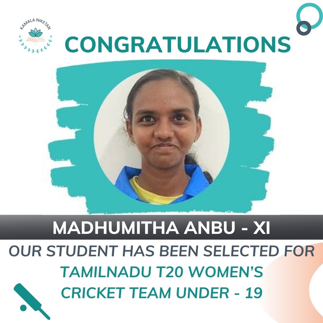 Raising the Bar!

Huge congratulations to Madhumitha for making it to the Tamil Nadu T20 Women's Cricket Team U19! Your talent and hard work have paid off, and we can't wait to see you shine on the field!Keep rocking!  #TamilNaduCricket #U19Selection #NextGenStar #KamalaNiketan
